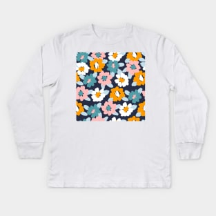 Pink, Blue, White and Yellow Flowers Kids Long Sleeve T-Shirt